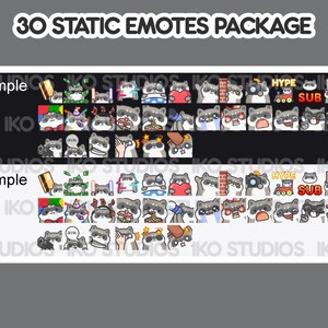 May include: A set of 30 static emotes featuring a raccoon character in various poses and expressions. The emotes include a variety of themes, such as gaming, streaming, and general expressions. The emotes are designed in a cartoon style with a black background.