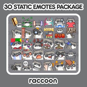 May include: A set of 30 static emotes featuring a raccoon in various poses and expressions. The emotes include text such as "Hype", "Sub", and "Raid".