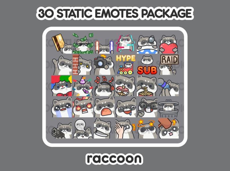 May include: A set of 30 static emotes featuring a raccoon in various poses and expressions. The emotes include text such as "Hype", "Sub", and "Raid".