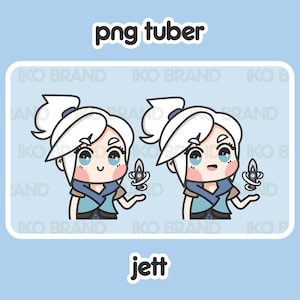 May include: A cartoon illustration of a female character with white hair, blue eyes, and a blue and white outfit. She is holding a blue and white knife in her right hand. The character is smiling and has a happy expression. The background is a light blue color with the text "png tuber" and "IKO BRAND" repeated multiple times. The text "jett" is at the bottom of the image.