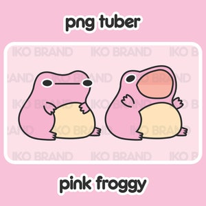 May include: Two pink cartoon frogs with black outlines, one with its mouth open and the other with its mouth closed. The text "png tuber" and "pink froggy" is written in black letters on a pink background.