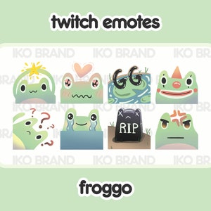 May include: A set of nine frog-themed Twitch emotes. The emotes feature different expressions, including surprised, happy, sad, angry, and dead. The emotes are designed in a cartoon style with bright colors and simple lines.