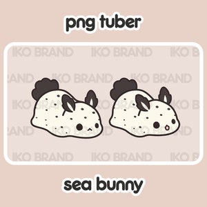 May include: Two cartoon sea bunnies with black eyes, black spots, and black ears. The sea bunnies are white with black outlines and are facing opposite directions. The text "png tuber" and "sea bunny" are written in black text on a white background.