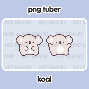 May include: Two cartoon koala bears with brown eyes and noses, and white bellies. The koalas are facing forward with their arms raised. The background is a light blue with the text "png tuber" and "IKO BRAND" repeated.