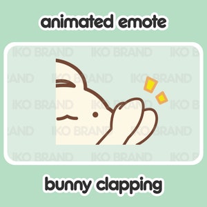 May include: Animated emoji of a white bunny with brown ears and eyes, clapping its hands with a happy expression.  Two yellow stars are above the bunny's head.