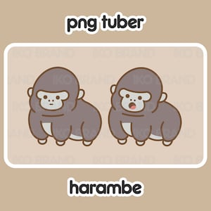 May include: Two cartoon illustrations of a gray gorilla with brown eyes and a pink mouth. The gorilla on the left has a neutral expression, while the gorilla on the right has its mouth open in a surprised expression. The text "png tuber" is above the gorillas and the text "harambae" is below the gorillas.