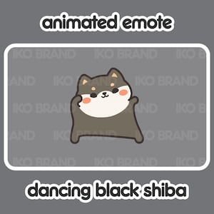 Puede incluir: Emoticono animado de un perro Shiba Inu negro bailando. El perro tiene el pecho blanco y la nariz marrón. El texto "animated emote" está por encima del perro y el texto "dancing black shiba" está por debajo del perro.