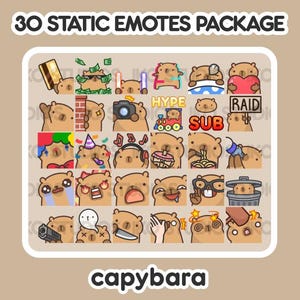 May include: A set of 30 static emotes featuring a capybara in various poses and expressions. The emotes include a variety of emotions, such as happy, sad, angry, and surprised. The emotes are perfect for use in online chat, social media, and other digital platforms.