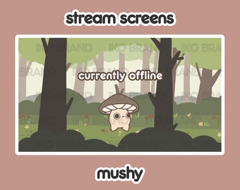 May include: A cartoon mushroom character with a brown cap and a white body is in a forest setting. The text "currently offline" is displayed above the character. The text "mushy" is displayed below the image.