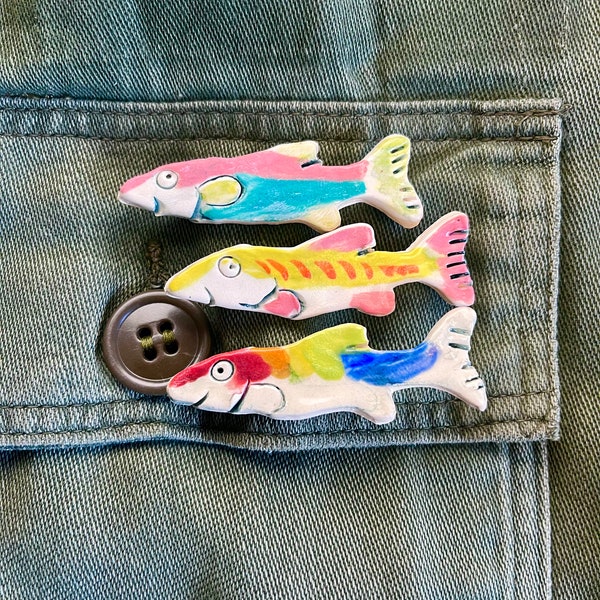 Fish Pin handmade ceramic rainbow pride, skeleton, orange, teal/pink with clutch pin backing brooch broach