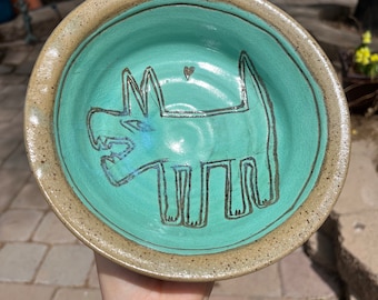 Wolf doggy bowl handmade wheel thrown  ceramic pottery