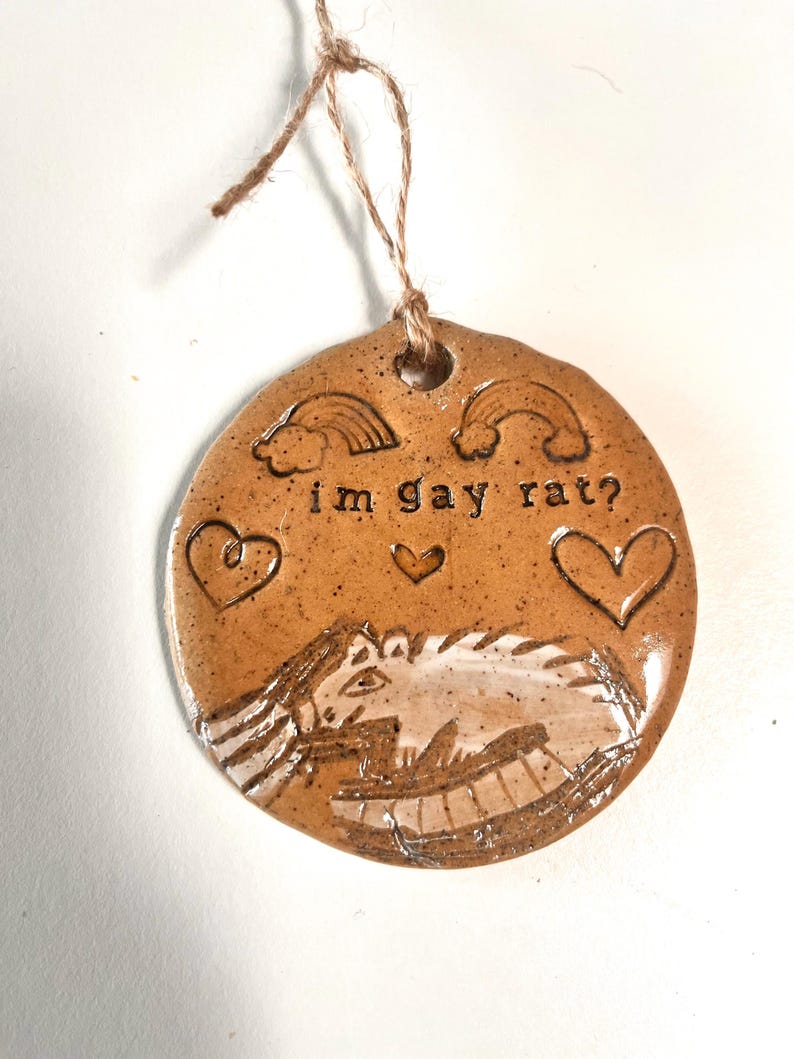 May include: A round, brown ceramic ornament with the text "im gay rat?" and a drawing of a rat. The ornament also features two rainbows, three hearts, and a jute string for hanging.