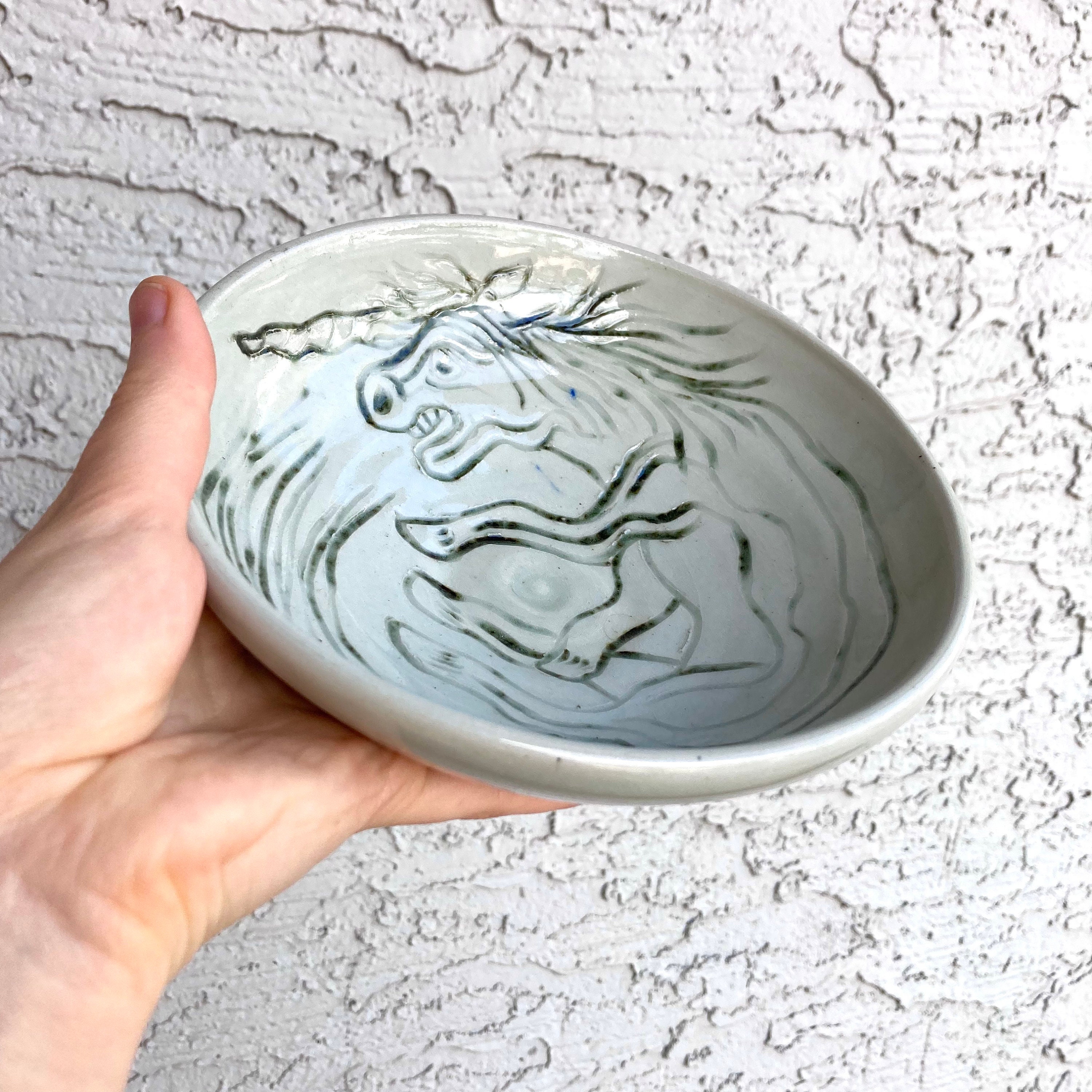 Unicorn bowl handmade wheel thrown 65 inches wide