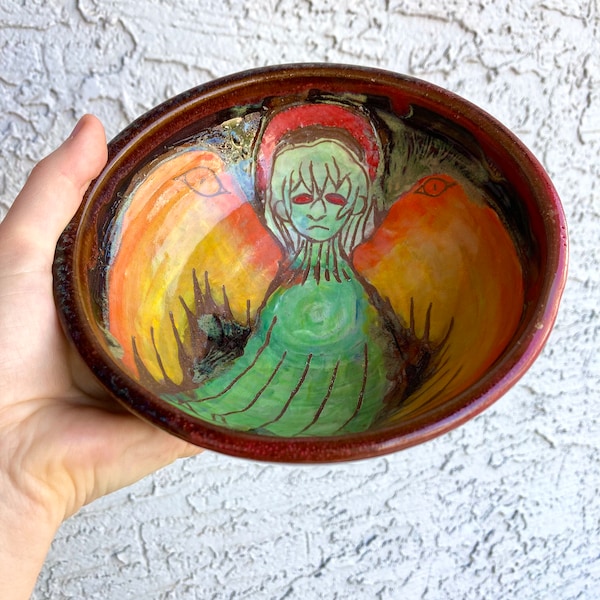 Angel handmade ceramic bowl wheel thrown 6 inches wide art piece