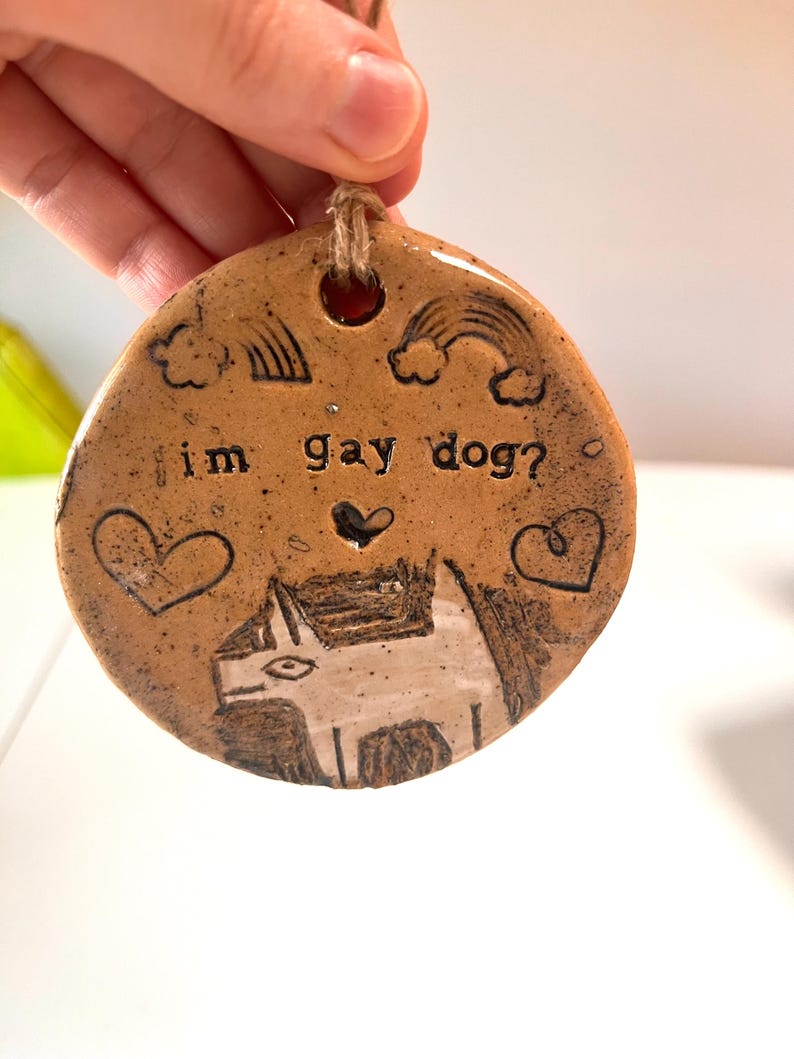 May include: A round, brown ceramic ornament with the text "im gay dog?" and a dog illustration. The ornament features etched rainbows, hearts, and a hole for hanging with a twine string.