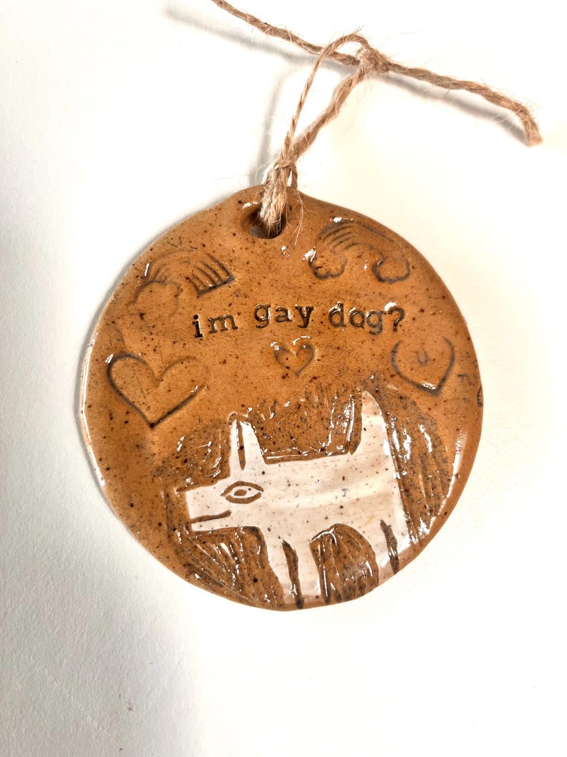 May include: A round, brown ceramic ornament with the text "im gay dog?" and a white dog illustration. The ornament has a twine loop for hanging and features heart and rainbow designs.