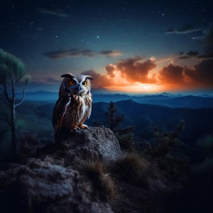 Könnte beinhalten: Eine braune und graue Eule mit gelben Augen sitzt auf einem Felsen und blickt auf eine Bergkette bei Sonnenuntergang. Der Himmel ist dunkelblau mit Sternen und einem leuchtend orangefarbenen Sonnenuntergang in der Ferne.