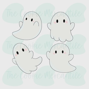 Op de afbeelding: Vier cartoon spook illustraties in verschillende poses. Elke geest is wit met zwarte ogen en roze blos. De geesten hebben verschillende uitdrukkingen, sommige met uitgestrekte armen, en een met een gebogen mond. The Cookie Mercantile is op de afbeelding afgedrukt.