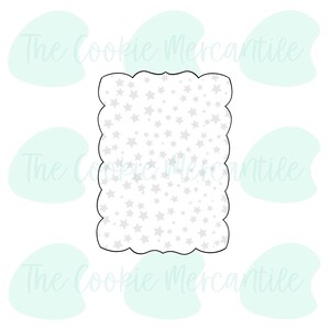 May include: A black and white cookie cutter with a scalloped edge and a pattern of stars inside. The cookie cutter is designed to cut out a square shape.