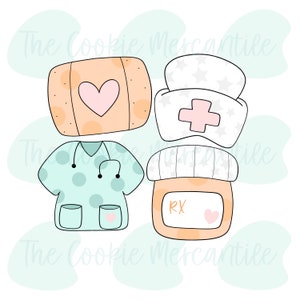 May include: A set of four cookie cutters shaped like medical supplies. The cutters are in the shape of a bandage, a pill bottle, a doctor's scrubs, and a nurse's hat. The cutters are all orange, white, and light blue.