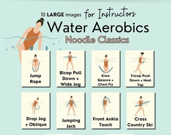 May include: A set of 10 illustrated cards showing water aerobics exercises using a noodle. Each card features a person in a pool performing a different exercise with a noodle. The exercises include Jump Rope, Bicep Pull Down + Wide Jog, Knee Balance + Chest Fly, Tricep Push Down + Heel Tap, Drop Jog + Oblique, Jumping Jack, Front Ankle Touch, Cross Country Ski, Row + Jog, and Back Ankle Touch.
