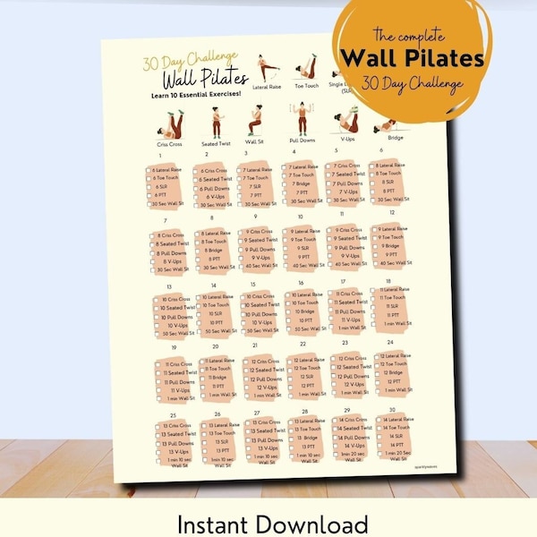 30 Day Challenge Wall Pilates Workout, Wall Exercise for Women, Workout Plan for Beginners, Core Strength, Instant Download, Printable, PDF