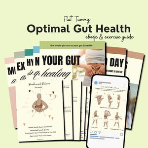 May include: A stack of printed guides and a smartphone displaying exercise instructions. The guides feature titles like "Optimal Gut Health" and "Your Gut Healing." The smartphone shows illustrations of exercises. The overall theme is gut health and exercise.