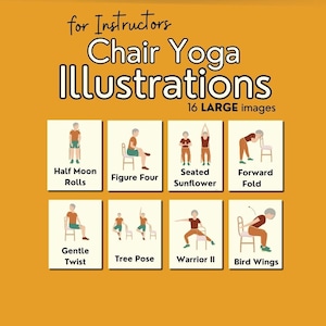 Illustrazioni di yoga sulla sedia per istruttori, esercizi sulla sedia per anziani, PDF di esercizi per personal trainer, idee di fitness di gruppo