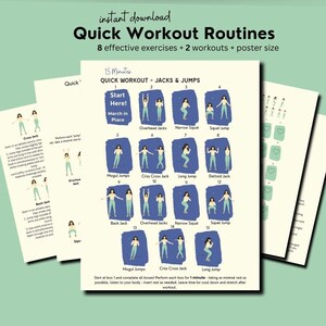 May include: A printable workout routine poster with illustrations of 15 exercises for a 15-minute workout. The poster is titled "Quick Workout - Jacks & Jumps" and includes instructions to start at box 1 and complete all boxes, performing each box for 1 minute. The poster also includes instructions to take minimal rest as possible, listen to your body, and insert rest as needed. The poster also includes instructions to leave time for cool down and stretch after the workout.