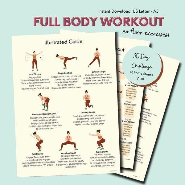 30 Day Full Body Workout, No Floor Workout, Bodyweight Exercises for Beginners, Illustrated Guide, Fitness Plan, PDFs, Instant Download