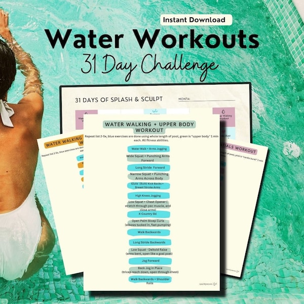 Water Workout 30 Day Challenge, Water Aerobics, Pool Exercises, Fitness Bundles, Instant Download, PDFs