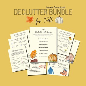 Peut inclure: Un lot de défis de désencombrement imprimable pour l'automne avec un fond jaune et des illustrations de citrouilles, de feuilles et d'une maison. Le lot comprend des défis pour désencombrer les vêtements d'été, l'équipement de plein air, le jardin, la voiture, le garde-manger et un défi de 7 jours pour le garde-manger. Il comprend également une garde-robe capsule d'automne et un défi pour désencombrer la décoration de la maison.