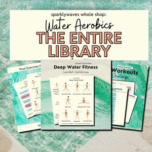 Title reads "water aerobics the entire library" - showing three images of different water aerobics workout programs.