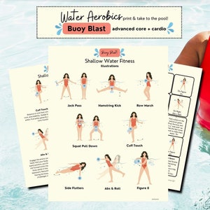 May include: A printable workout guide for shallow water fitness. The guide features illustrations of different exercises using a buoy, including cuff touch, jack pass, hamstring kick, row march, squat pull down, abs & roll, and figure 8. The guide is titled "Buoy Blast: Shallow Water Fitness Illustrations".