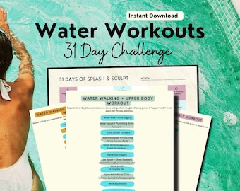 Può includere: Una sfida di allenamento acquatico di 31 giorni stampabile con uno schema di colori blu e verde. L'allenamento include la camminata in acqua e esercizi per la parte superiore del corpo. Il testo "Water Workouts 31 Day Challenge" è in cima alla pagina.
