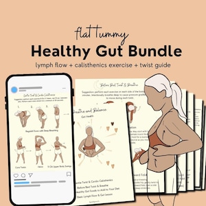 Puede incluir: Ilustración digital que promociona un "Healthy Gut Bundle" con el texto "flat Tummy". La imagen incluye un smartphone que muestra instrucciones de ejercicio y una pila de guías impresas. Las guías presentan ilustraciones y texto sobre ejercicio y dieta.