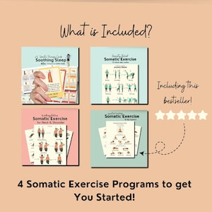 This slide has four flat images in boxes - each showing and advertising somatic exercise programs. A small badge reads, "including this best seller" with 5 small light yellow stars with an arrow pointing to the hip exercise program.