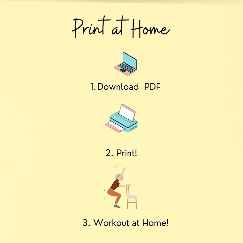 A flow chart of how to print pdfs at home for the Chair Yoga for Seniors program.
