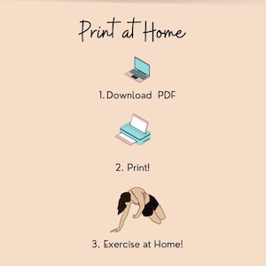 May include: A three-step guide to printing and exercising at home. The steps are: 1. Download PDF, 2. Print, and 3. Exercise at Home. The image includes illustrations of a laptop, a printer, and a person exercising.