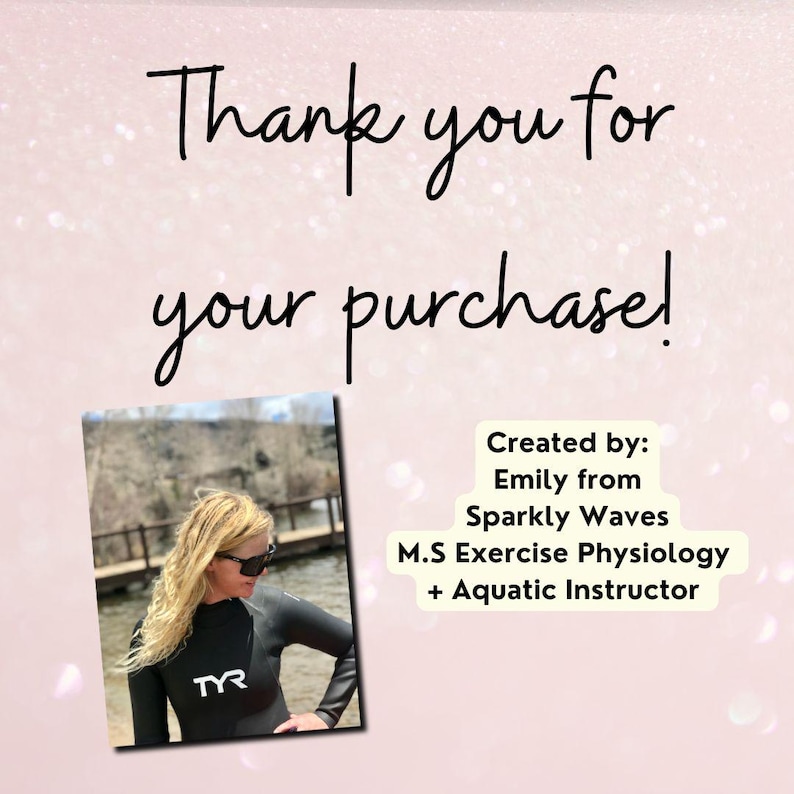 This is a thankyou message from the owner of Sparkly Waves etsy shop. Message reads, "thank you for your purchase" with a head shot of the owner - Emily. She is wearing a TYR wetsuit, smiling.