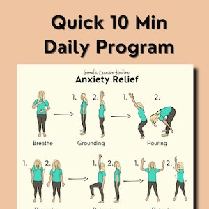 This informational slide shows a close up of one of the exercise PDFS - a girl is doing standing yoga poses in tights and T-shirt - colorful illustrations and arrows. Title reads, "quick 10 minute daily program".