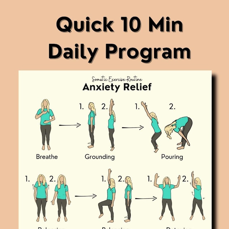 This informational slide shows a close up of one of the exercise PDFS - a girl is doing standing yoga poses in tights and T-shirt - colorful illustrations and arrows. Title reads, "quick 10 minute daily program".