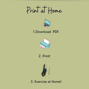 Plain green slide with a title that reads: how it works. Under the title is a flow chart of how to purchase from Etsy - download PDF, print, and exercise at home.
