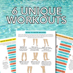 Puede incluir: Una infograf&iacute;a colorida con ilustraciones de diferentes ejercicios de caminar en el agua. La infograf&iacute;a se titula "6 entrenamientos &uacute;nicos" e incluye descripciones de cada ejercicio, como "Tight Rope", "Wide", "Lateral", "Pigeon", "Duck" y "Heel".
