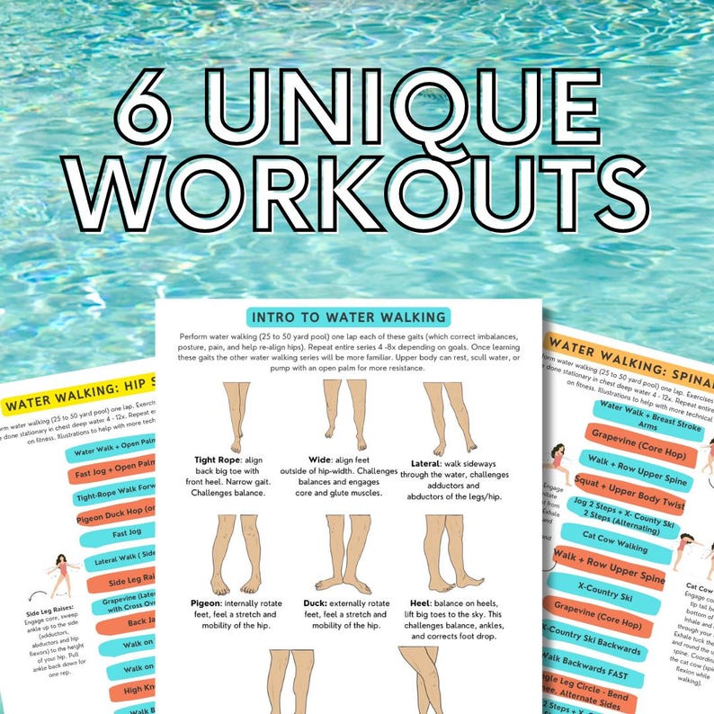 Puede incluir: Una infograf&iacute;a colorida con ilustraciones de diferentes ejercicios de caminar en el agua. La infograf&iacute;a se titula "6 entrenamientos &uacute;nicos" e incluye descripciones de cada ejercicio, como "Tight Rope", "Wide", "Lateral", "Pigeon", "Duck" y "Heel".