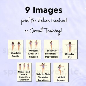 Light purple color with ripples that represent water or the texture of a pool. In the center of the slide is a simple banner with text that reads,9 images for printing station teaching or circuit trainings. Under the text are examples of 7 printable images - they look like posters. Each piece of paper shows one exercise per paper with one description.