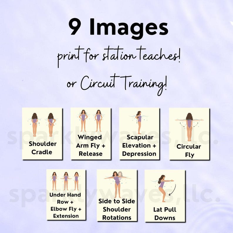 Light purple color with ripples that represent water or the texture of a pool. In the center of the slide is a simple banner with text that reads,9 images for printing station teaching or circuit trainings. Under the text are examples of 7 printable images - they look like posters. Each piece of paper shows one exercise per paper with one description.