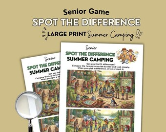 spot the difference adult puzzle printable, hidden picture game for seniors, brain game, dementia game for older adults, camping, summer
