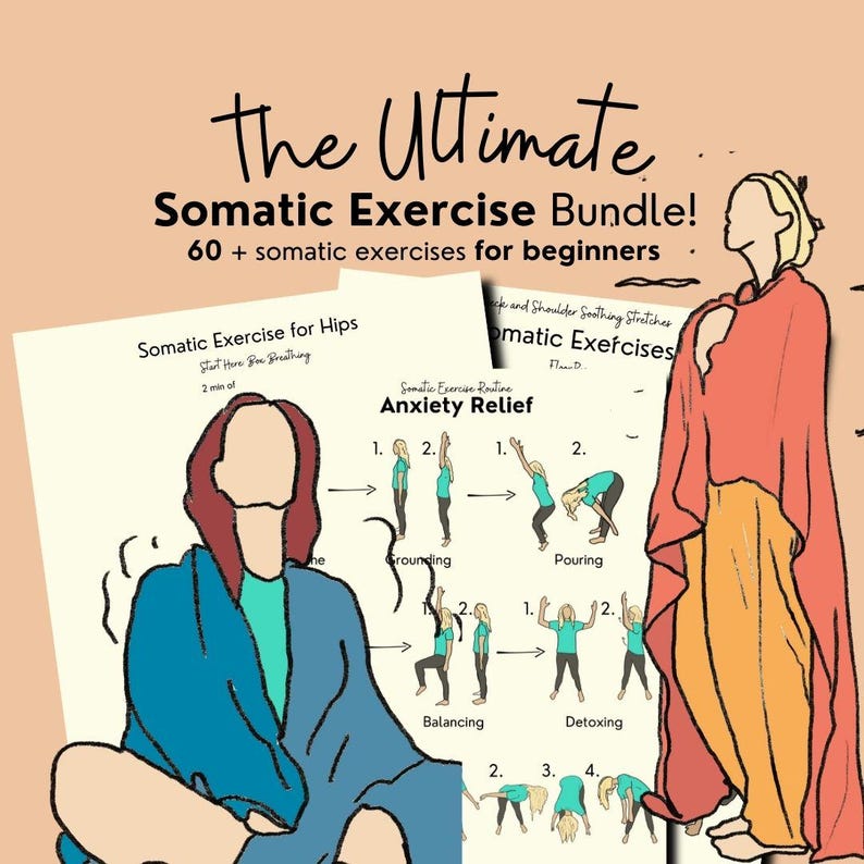 This slide has a collage of colorful illustrated women doing yoga in flowy garments. Some of the figures are close up others are further away on a flat piece of paper - this is bundle of PDFs you download to do somatic yoga at home.