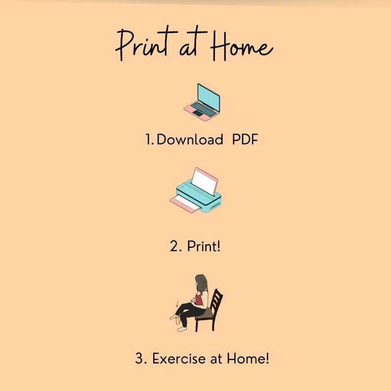 This informational slide shows how to print a PDF from Etsy: a computer, printer and a women exercising in a chair at home.